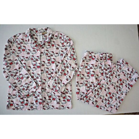 Pottery Barn Teen Sz L White Hello Kitty Organic Cotton Flannel Pajama Set - Picture 1 of 14